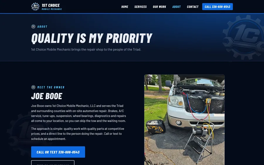 About page of the 1st Choice Mobile Mechanic website, desktop view