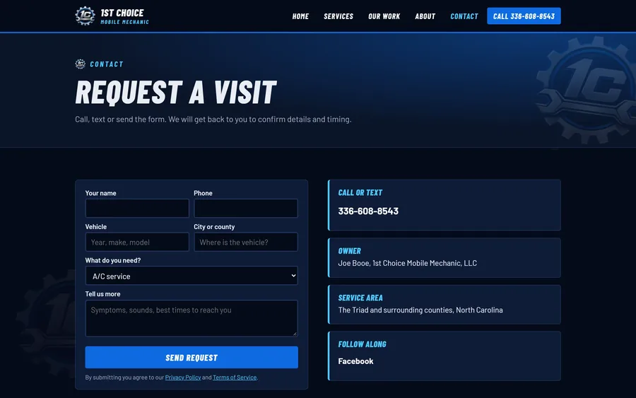 Contact page of the 1st Choice Mobile Mechanic website, desktop view