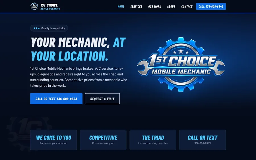 Homepage of the 1st Choice Mobile Mechanic website mockup, desktop view