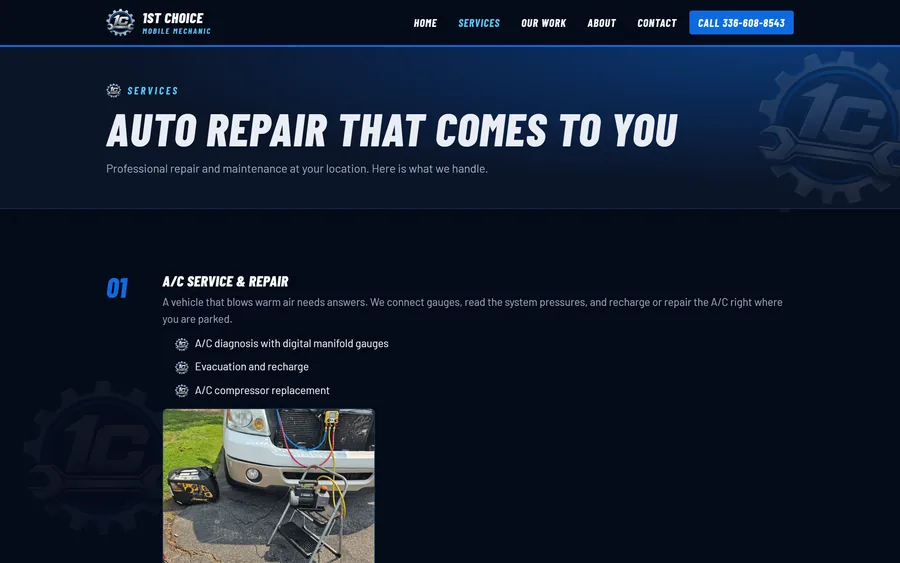 Services page of the 1st Choice Mobile Mechanic website, desktop view