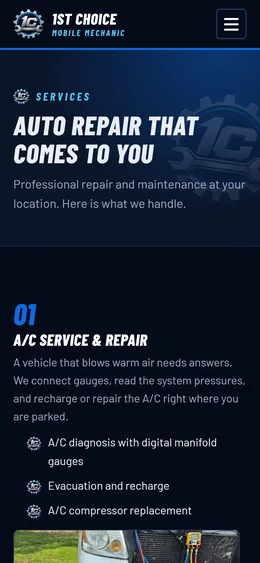 Services page, mobile view