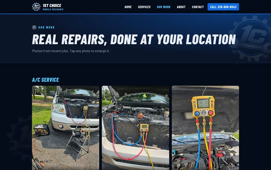Our Work page of the 1st Choice Mobile Mechanic website, desktop view