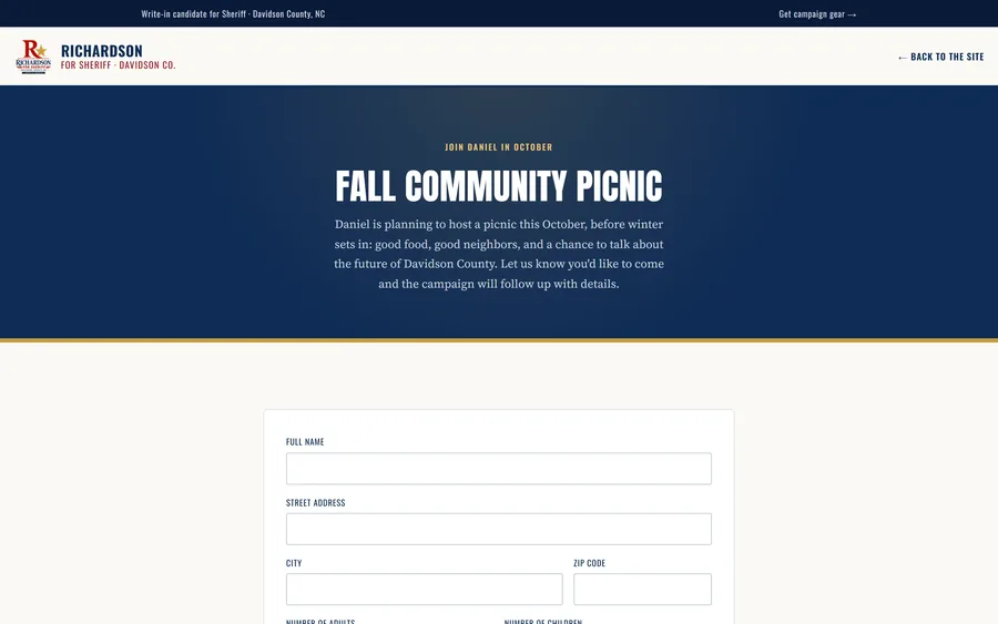 Fall Community Picnic page of the Daniel Richardson for Sheriff website, desktop view
