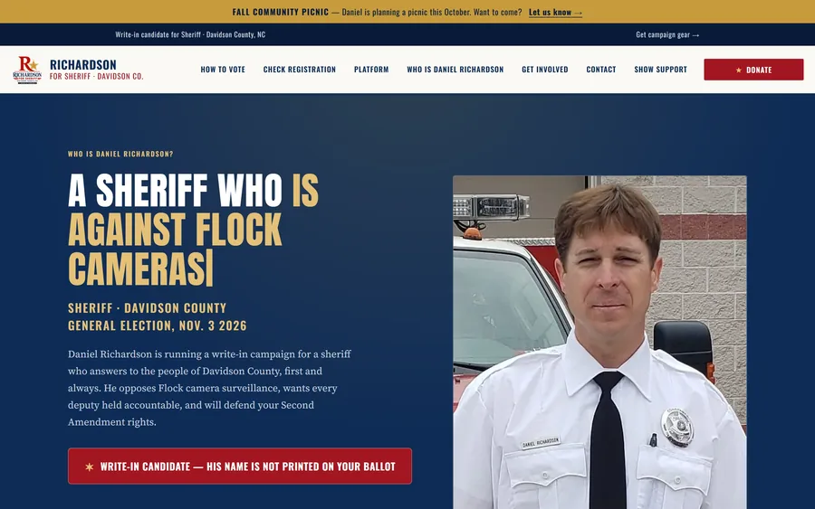 Homepage of the Daniel Richardson for Sheriff website, desktop view