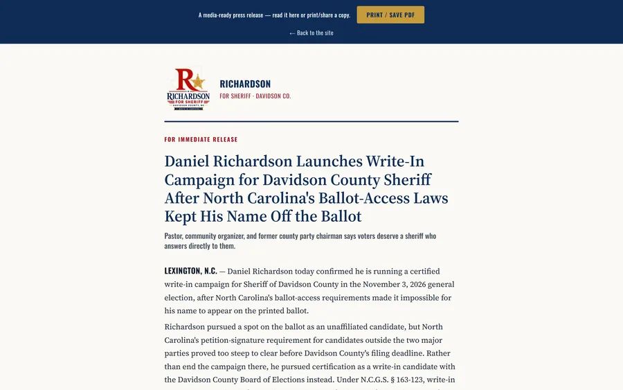 Press Release page of the Daniel Richardson for Sheriff website, desktop view
