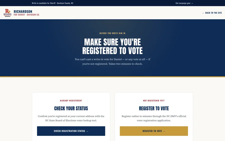Voter Registration page of the Daniel Richardson for Sheriff website, desktop view