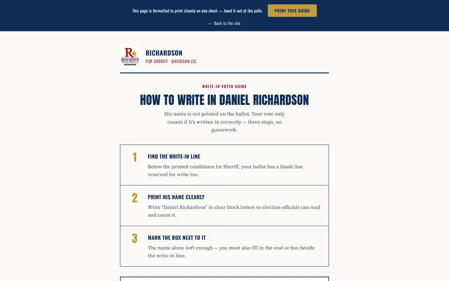 Write-In Guide page of the Daniel Richardson for Sheriff website, desktop view