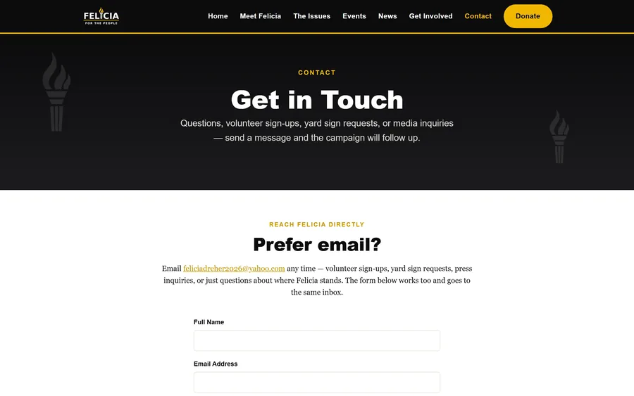 Contact page of the Felicia for the People website, desktop view