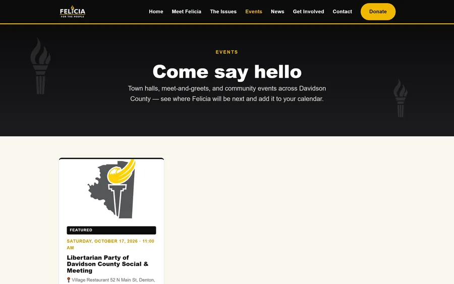 Events page of the Felicia for the People website, desktop view