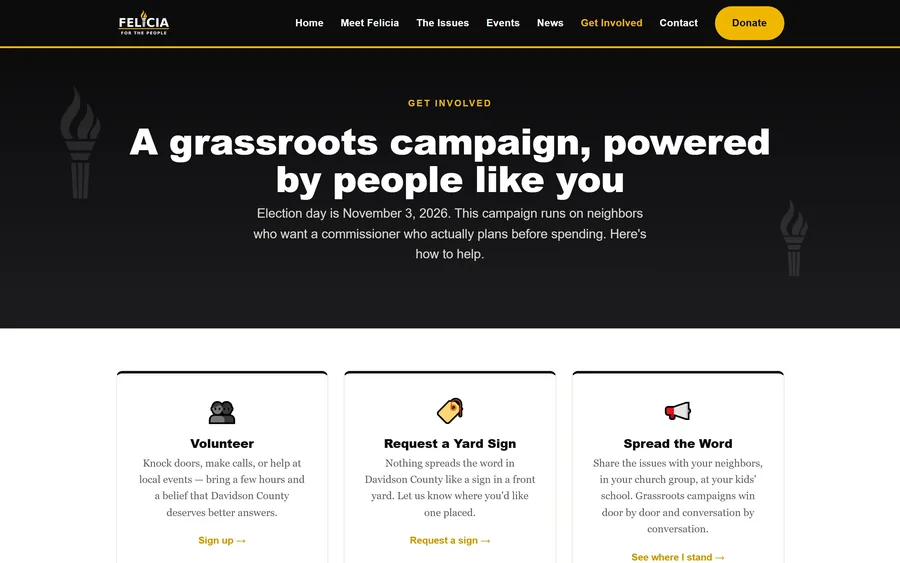 Get Involved page of the Felicia for the People website, desktop view