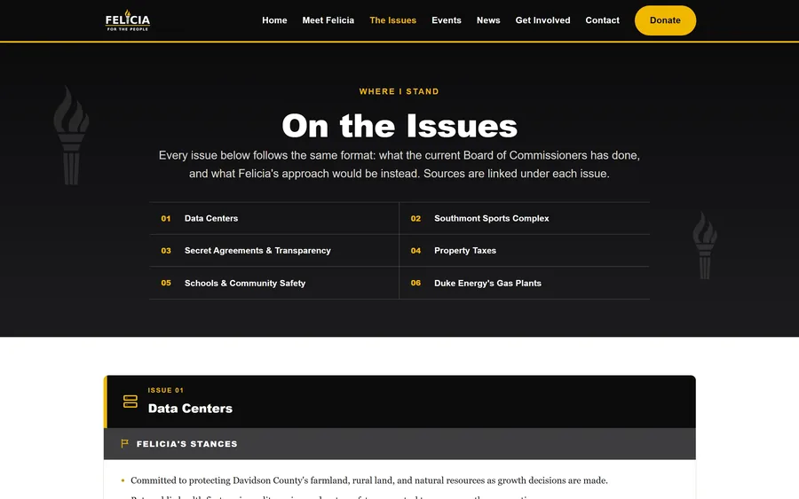 Issues page of the Felicia for the People website, desktop view