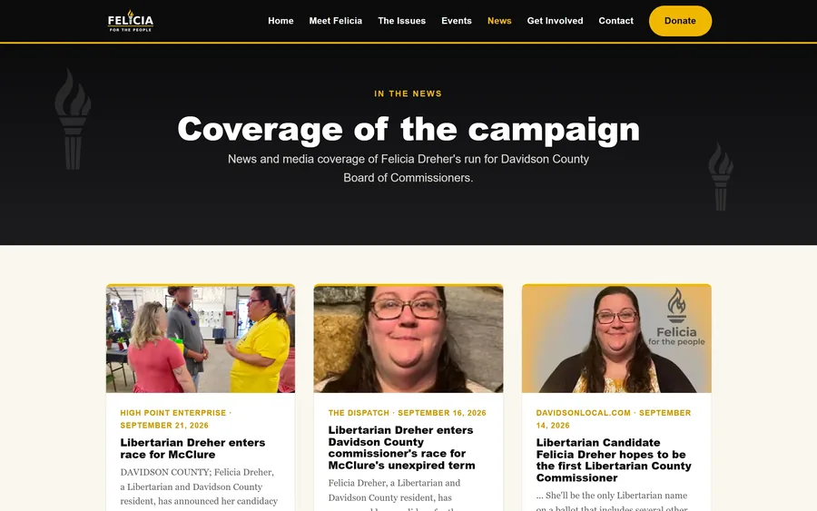 News page of the Felicia for the People website, desktop view