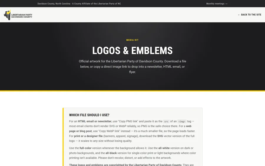 Media Kit page of the Libertarian Party of Davidson County website, desktop view