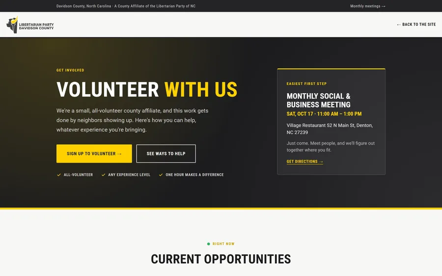 Volunteer page of the Libertarian Party of Davidson County website, desktop view