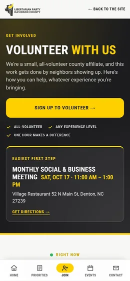 Volunteer page, mobile view